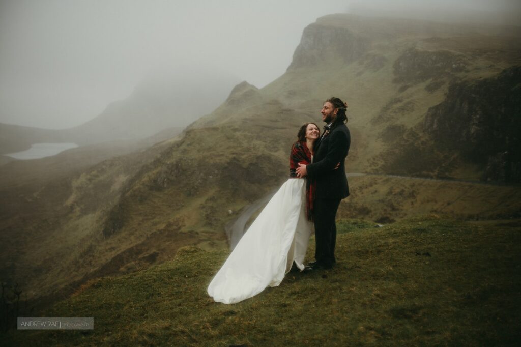 Old Man of Storr wedding portrait with natural, rain-resistant bridal hair and makeup.